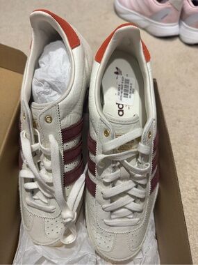 adidas Handball Spezial Sneakers in White, Burgundy & Orange